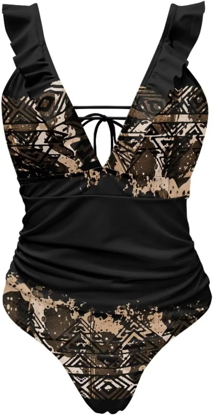 Howilath Aztec Tribal Print Women Swimwear Tummy Control One Piece Ladies Swimsuits V-Neck Bathing Suits High Waist Bikini