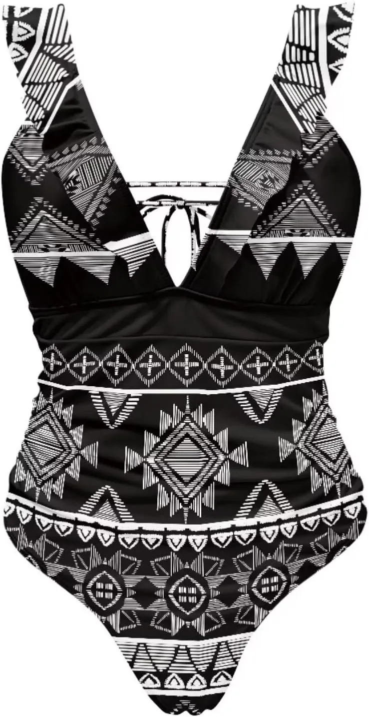 Howilath Aztec Tribal Print Women Swimwear Tummy Control One Piece Ladies Swimsuits V-Neck Bathing Suits High Waist Bikini