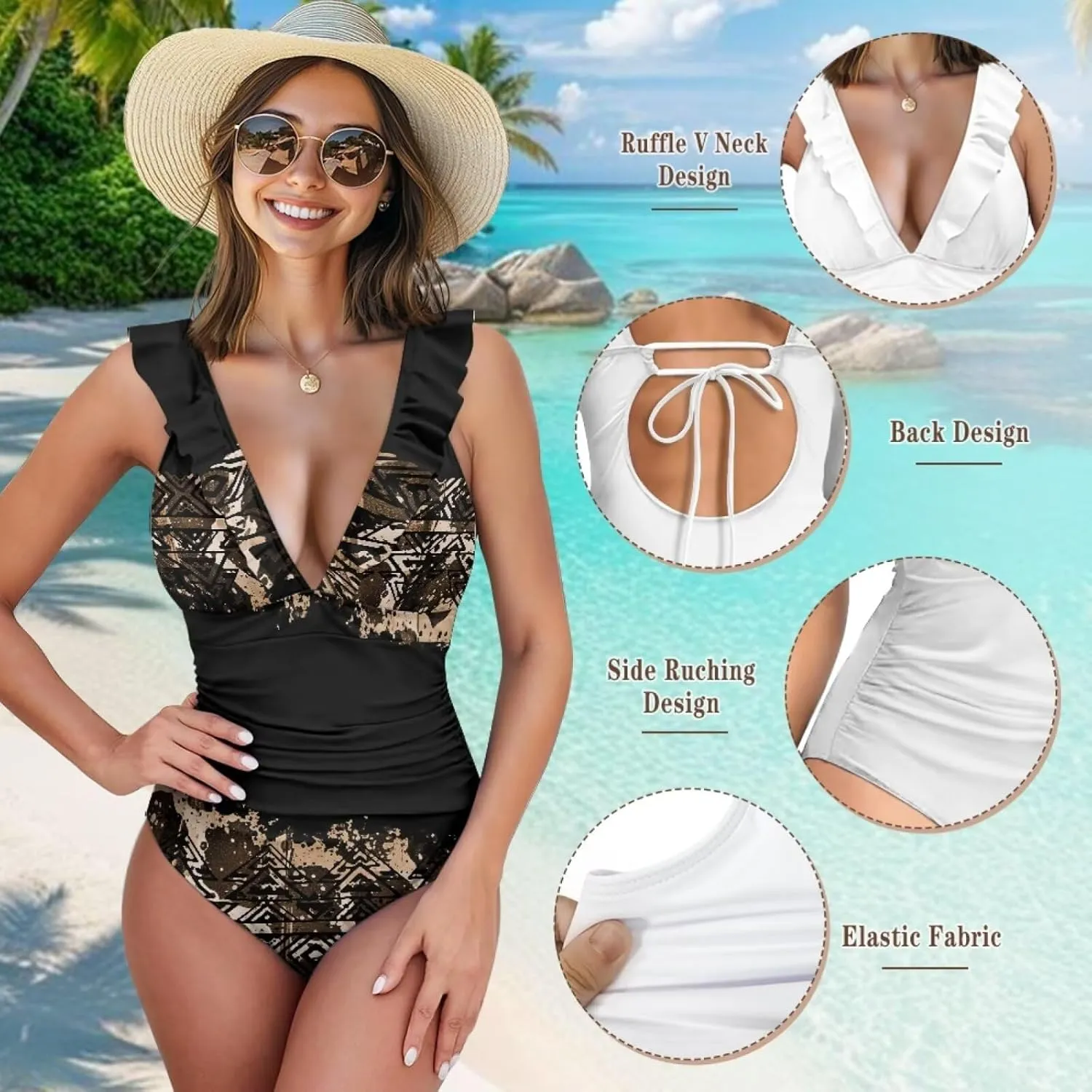 Howilath Aztec Tribal Print Women Swimwear Tummy Control One Piece Ladies Swimsuits V-Neck Bathing Suits High Waist Bikini