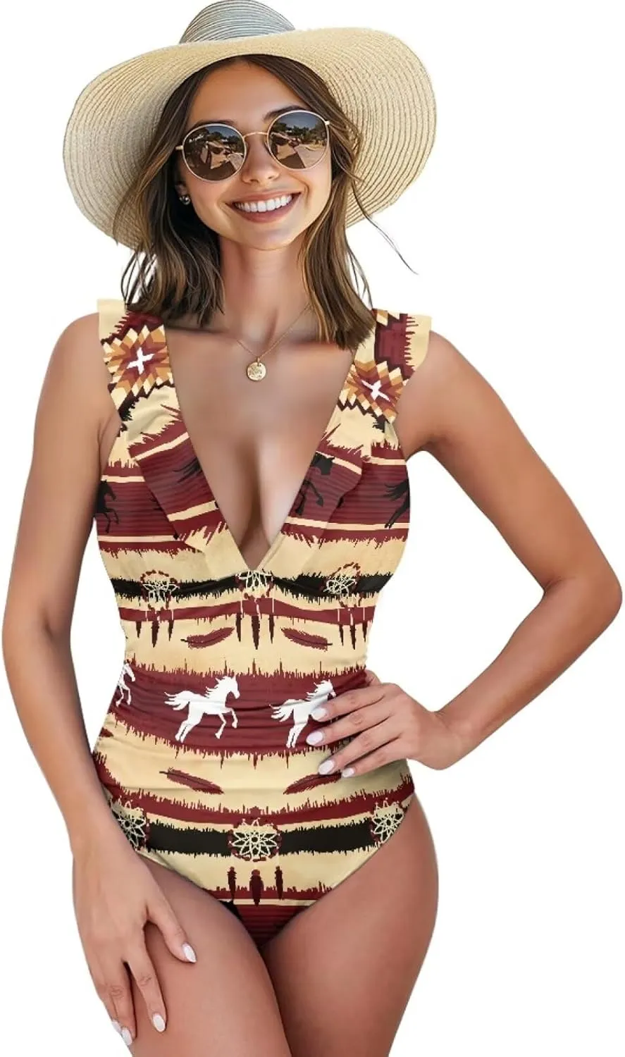 Howilath Aztec Tribal Print Women Swimwear Tummy Control One Piece Ladies Swimsuits V-Neck Bathing Suits High Waist Bikini