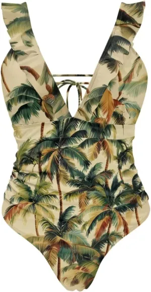 Howilath Hawaiian Palm Tree Womens One Piece Swimsuits Ruched Ruffle Bathing Suits V-Neck Backless Swimwear Bikini Sets