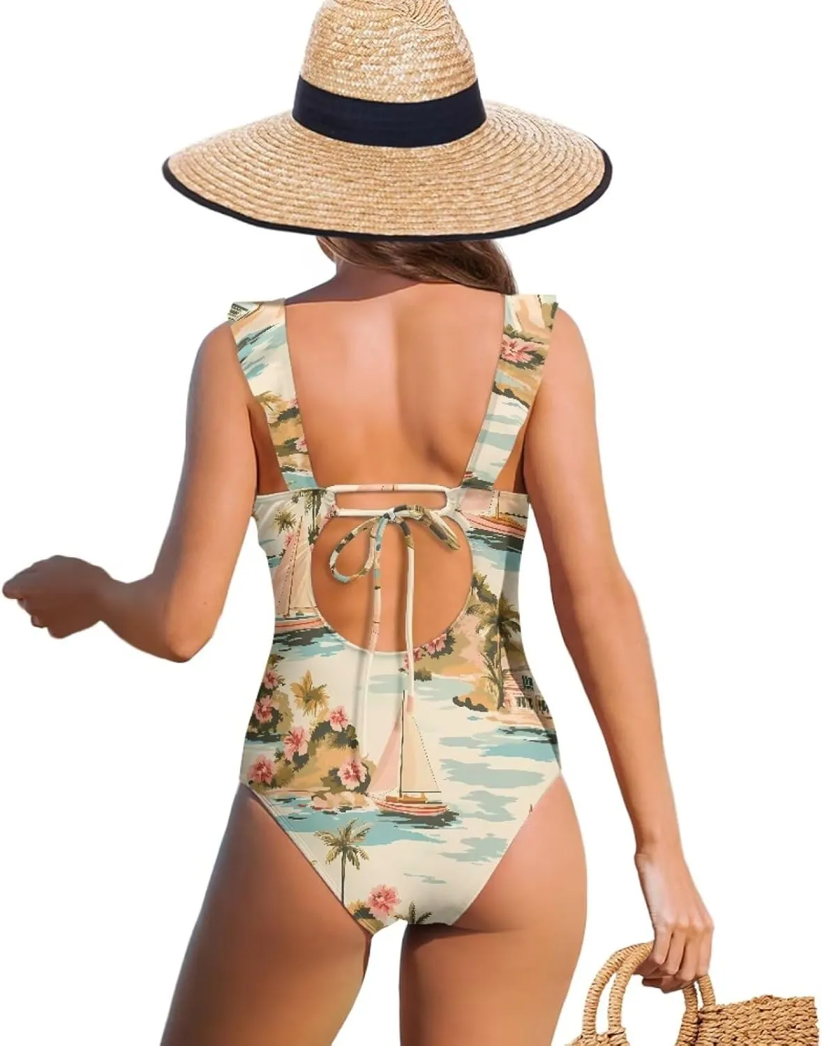 Howilath Hawaiian Palm Tree Womens One Piece Swimsuits Ruched Ruffle Bathing Suits V-Neck Backless Swimwear Bikini Sets