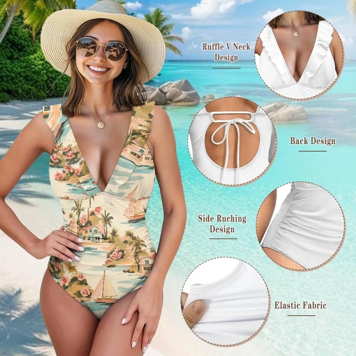 Howilath Hawaiian Palm Tree Womens One Piece Swimsuits Ruched Ruffle Bathing Suits V-Neck Backless Swimwear Bikini Sets