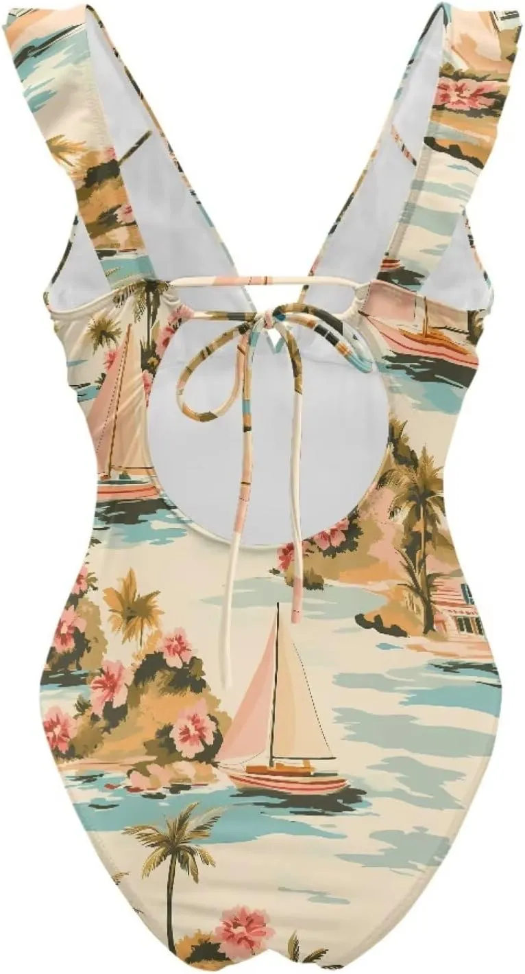 Howilath Hawaiian Palm Tree Womens One Piece Swimsuits Ruched Ruffle Bathing Suits V-Neck Backless Swimwear Bikini Sets