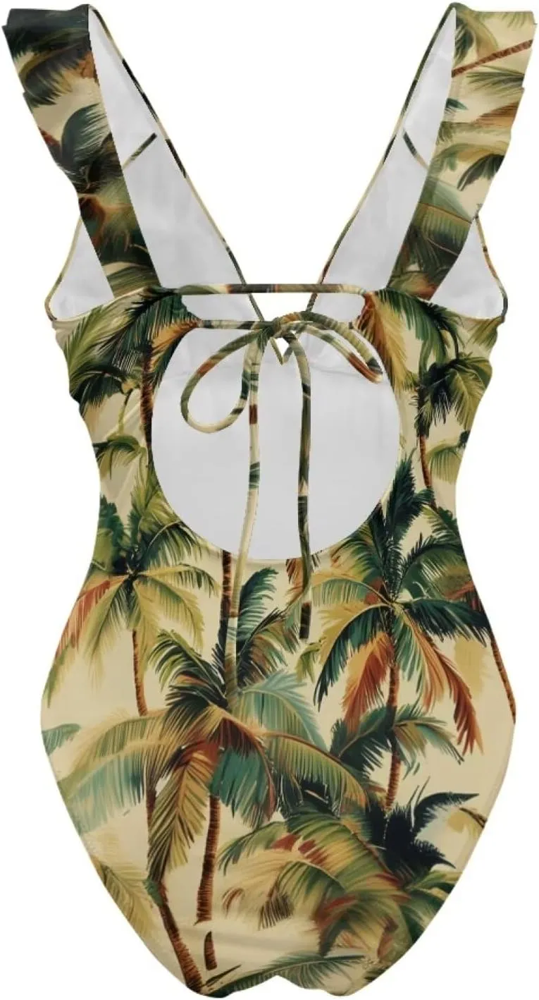 Howilath Hawaiian Palm Tree Womens One Piece Swimsuits Ruched Ruffle Bathing Suits V-Neck Backless Swimwear Bikini Sets