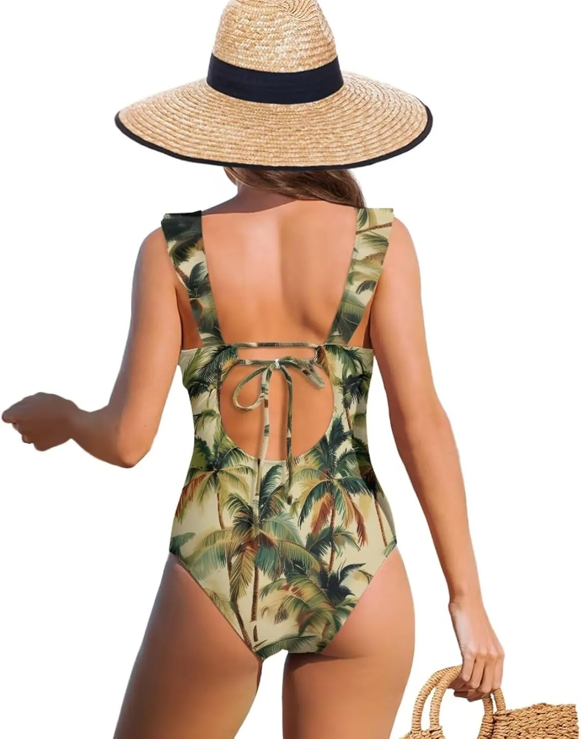 Howilath Hawaiian Palm Tree Womens One Piece Swimsuits Ruched Ruffle Bathing Suits V-Neck Backless Swimwear Bikini Sets