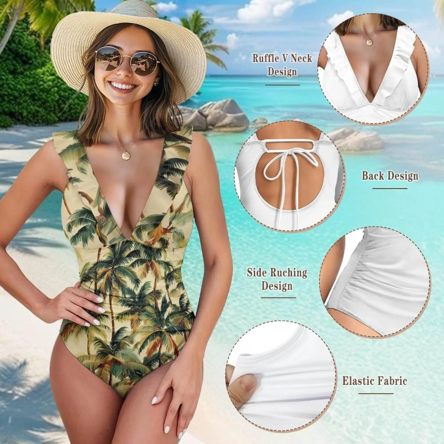Howilath Hawaiian Palm Tree Womens One Piece Swimsuits Ruched Ruffle Bathing Suits V-Neck Backless Swimwear Bikini Sets
