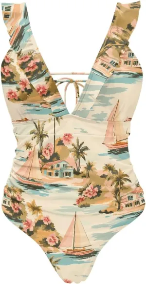 Howilath Hawaiian Palm Tree Womens One Piece Swimsuits Ruched Ruffle Bathing Suits V-Neck Backless Swimwear Bikini Sets