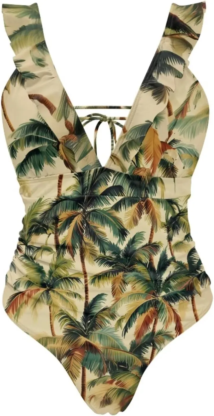 Howilath Hawaiian Palm Tree Womens One Piece Swimsuits Ruched Ruffle Bathing Suits V-Neck Backless Swimwear Bikini Sets