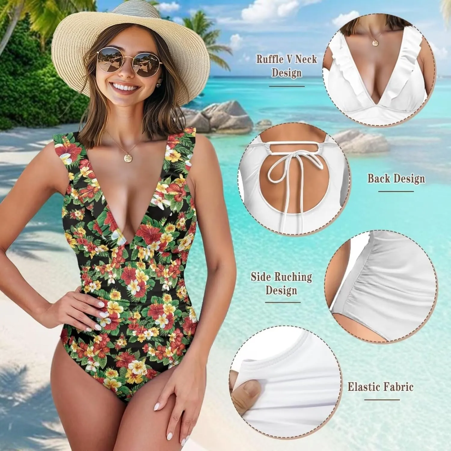 Howilath Hawaiian Style Women Bathing Suits One Piece Swimsuits Tummy Control Swimwear Ruched Ruffle Swimsuits for Beach