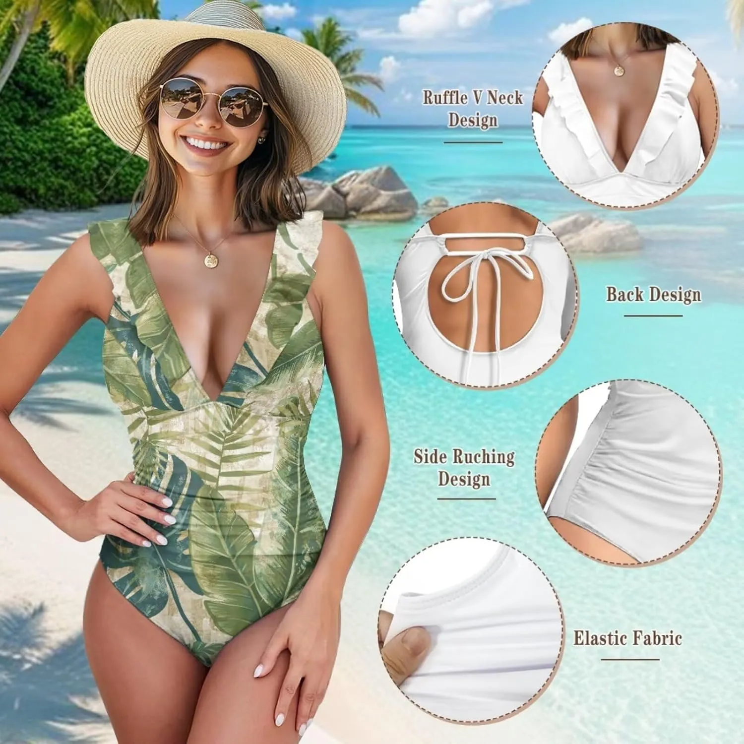 Howilath Hawaiian Style Women Bathing Suits One Piece Swimsuits Tummy Control Swimwear Ruched Ruffle Swimsuits for Beach