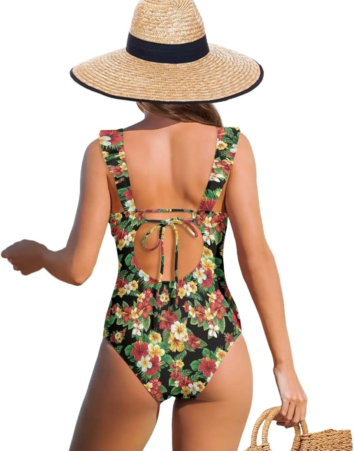 Howilath Hawaiian Style Women Bathing Suits One Piece Swimsuits Tummy Control Swimwear Ruched Ruffle Swimsuits for Beach