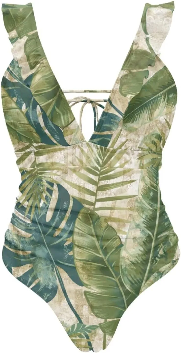 Howilath Hawaiian Style Women Bathing Suits One Piece Swimsuits Tummy Control Swimwear Ruched Ruffle Swimsuits for Beach