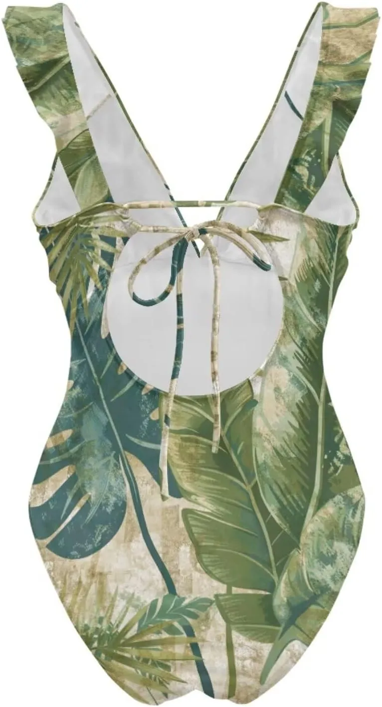 Howilath Hawaiian Style Women Bathing Suits One Piece Swimsuits Tummy Control Swimwear Ruched Ruffle Swimsuits for Beach