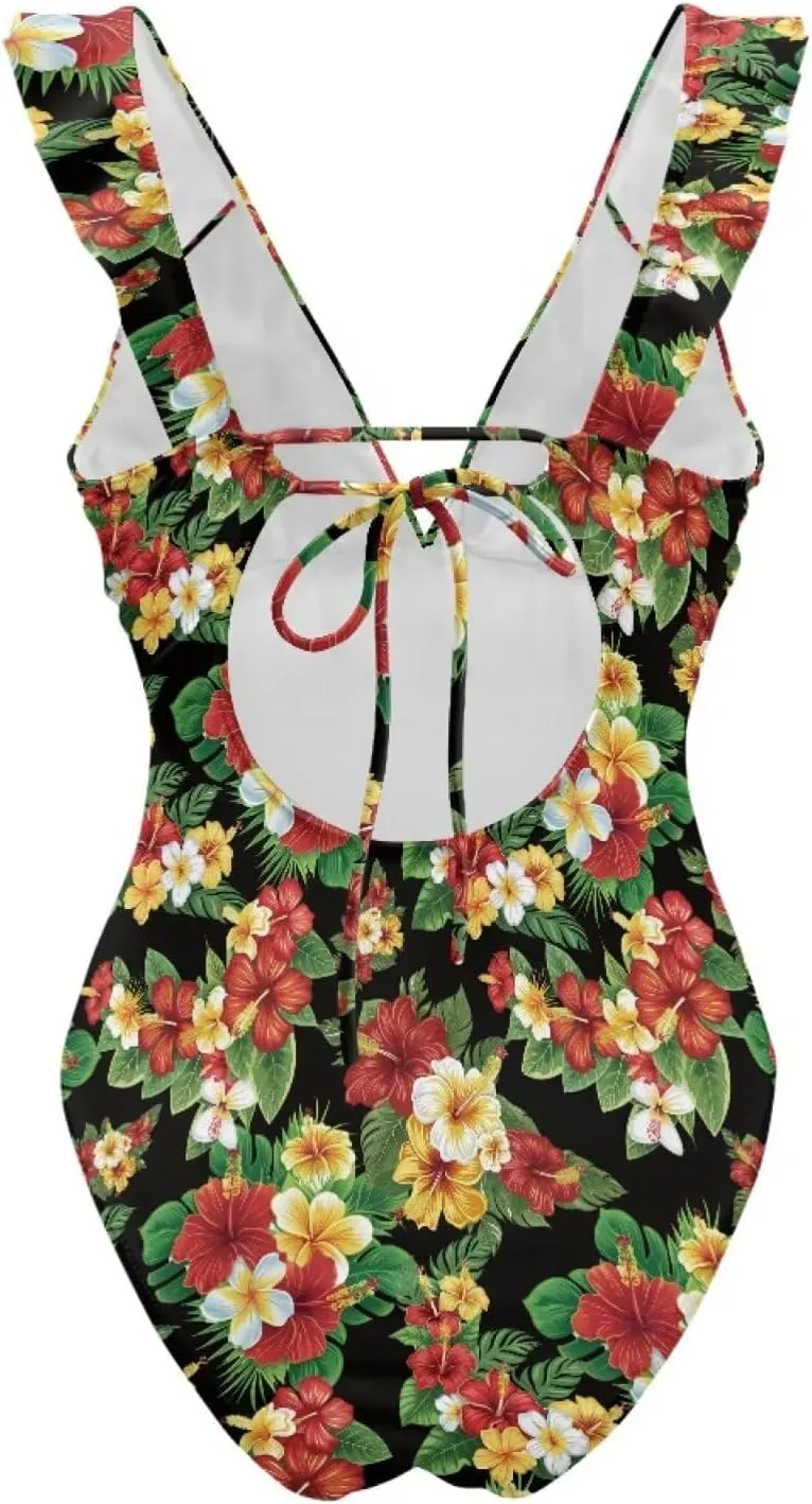 Howilath Hawaiian Style Women Bathing Suits One Piece Swimsuits Tummy Control Swimwear Ruched Ruffle Swimsuits for Beach
