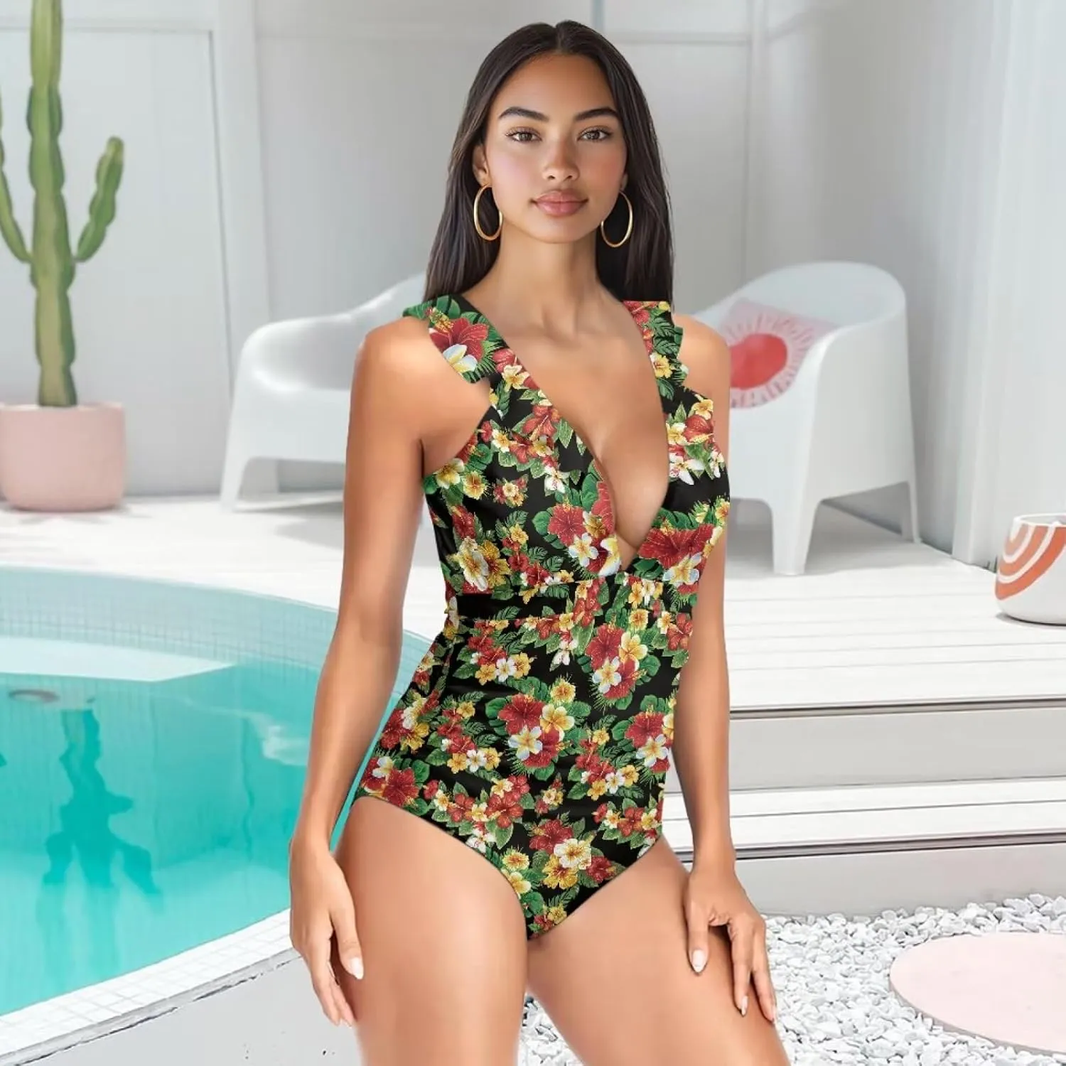 Howilath Hawaiian Style Women Bathing Suits One Piece Swimsuits Tummy Control Swimwear Ruched Ruffle Swimsuits for Beach