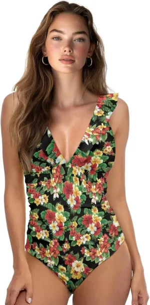 Howilath Hawaiian Style Women Bathing Suits One Piece Swimsuits Tummy Control Swimwear Ruched Ruffle Swimsuits for Beach