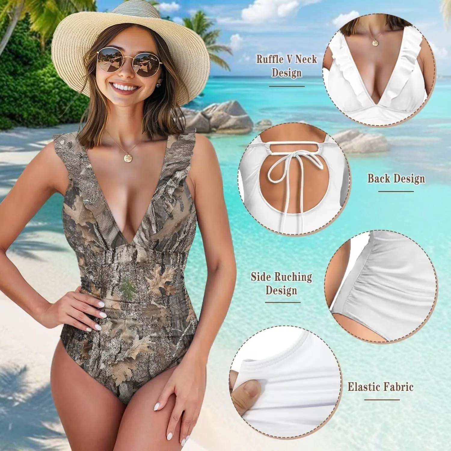 Howilath Hawaiian Style Women Bathing Suits One Piece Swimsuits Tummy Control Swimwear Ruched Ruffle Swimsuits for Beach