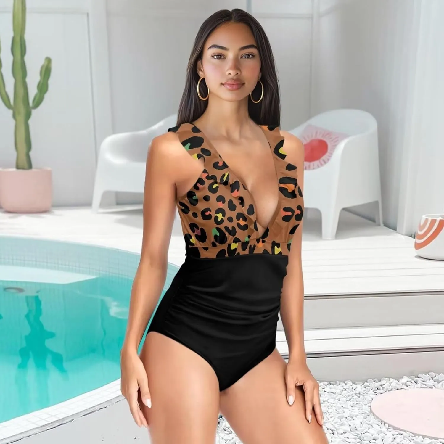 Howilath Leopard Print Women Swimsuits Tummy Control Swimming Suits One Piece Bathing Suits Vintage Lightweight Swimwear