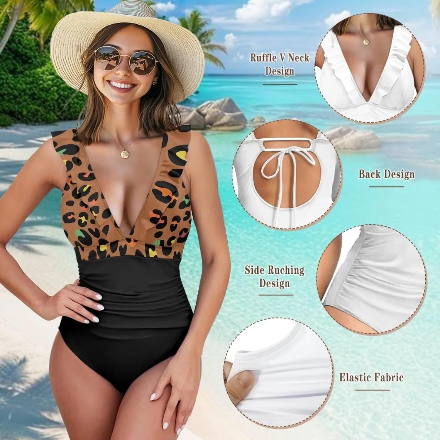 Howilath Leopard Print Women Swimsuits Tummy Control Swimming Suits One Piece Bathing Suits Vintage Lightweight Swimwear