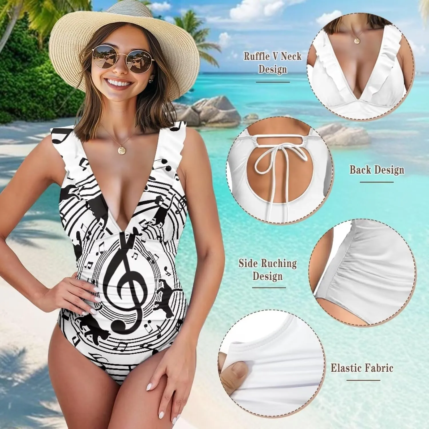 Howilath Musical Piano Note Women Swimsuits High Waist Bikini One Piece Bathing Suits Tummy Control Swimwear Ruched Ruffle