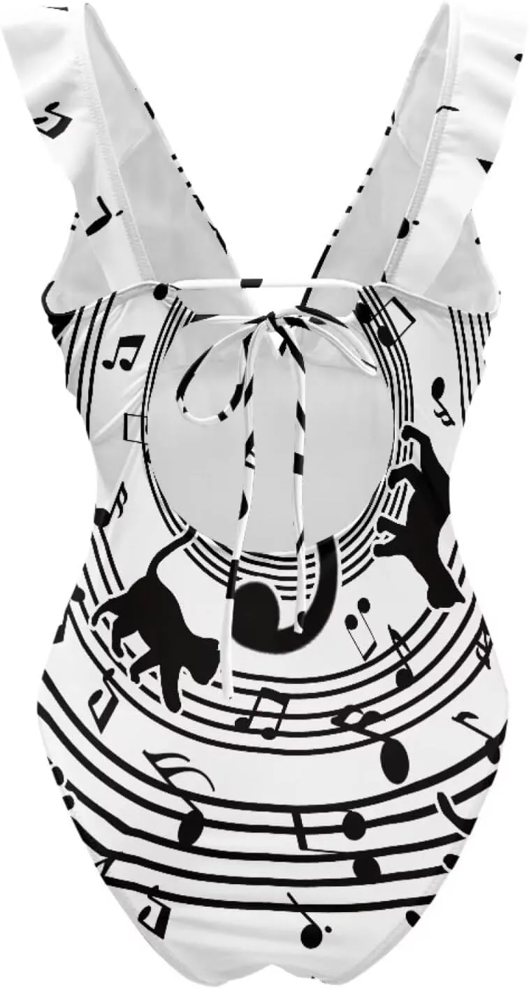 Howilath Musical Piano Note Women Swimsuits High Waist Bikini One Piece Bathing Suits Tummy Control Swimwear Ruched Ruffle