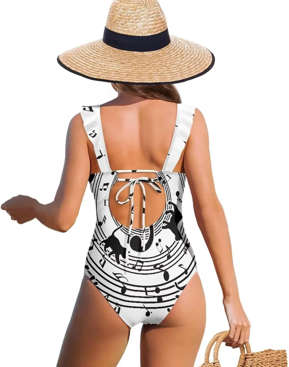 Howilath Musical Piano Note Women Swimsuits High Waist Bikini One Piece Bathing Suits Tummy Control Swimwear Ruched Ruffle
