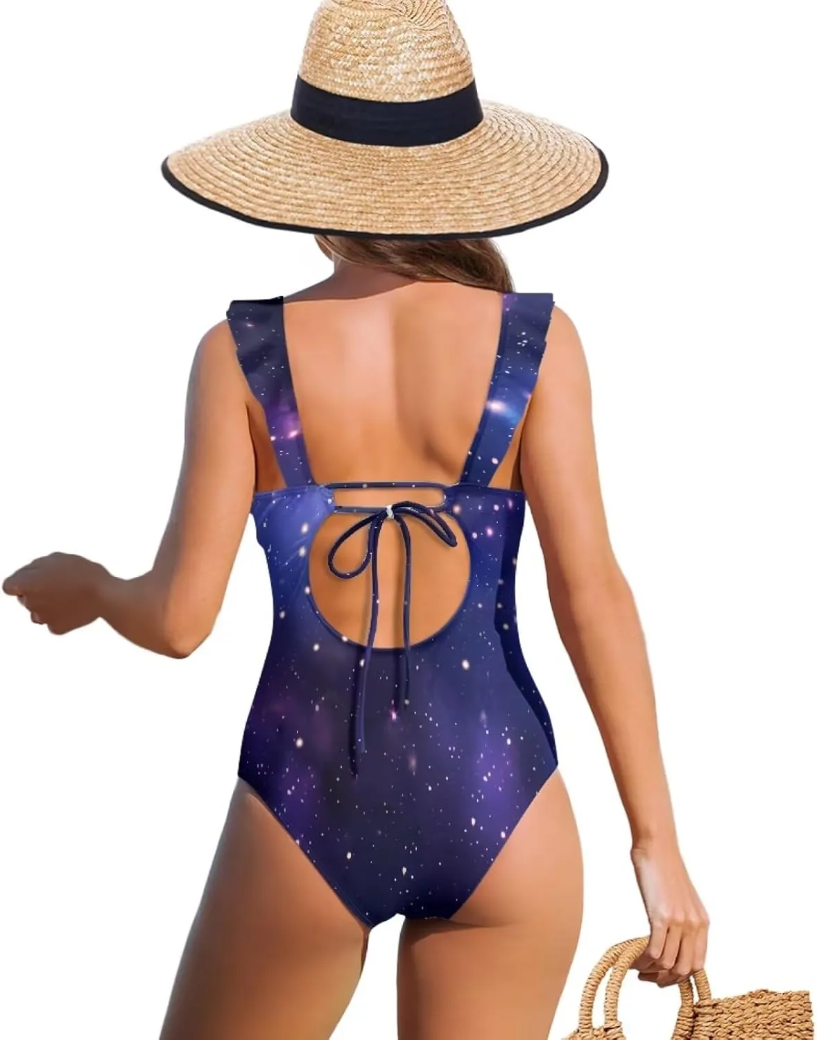 Howilath Starry Sky Print One Piece Swimwear Vintage Bathing Suits Tummy Control Ruched Ruffle Ladies Swimsuits