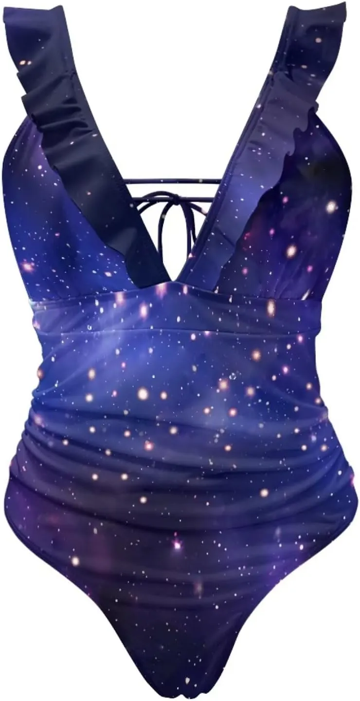 Howilath Starry Sky Print One Piece Swimwear Vintage Bathing Suits Tummy Control Ruched Ruffle Ladies Swimsuits