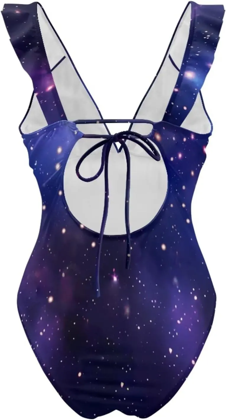 Howilath Starry Sky Print One Piece Swimwear Vintage Bathing Suits Tummy Control Ruched Ruffle Ladies Swimsuits