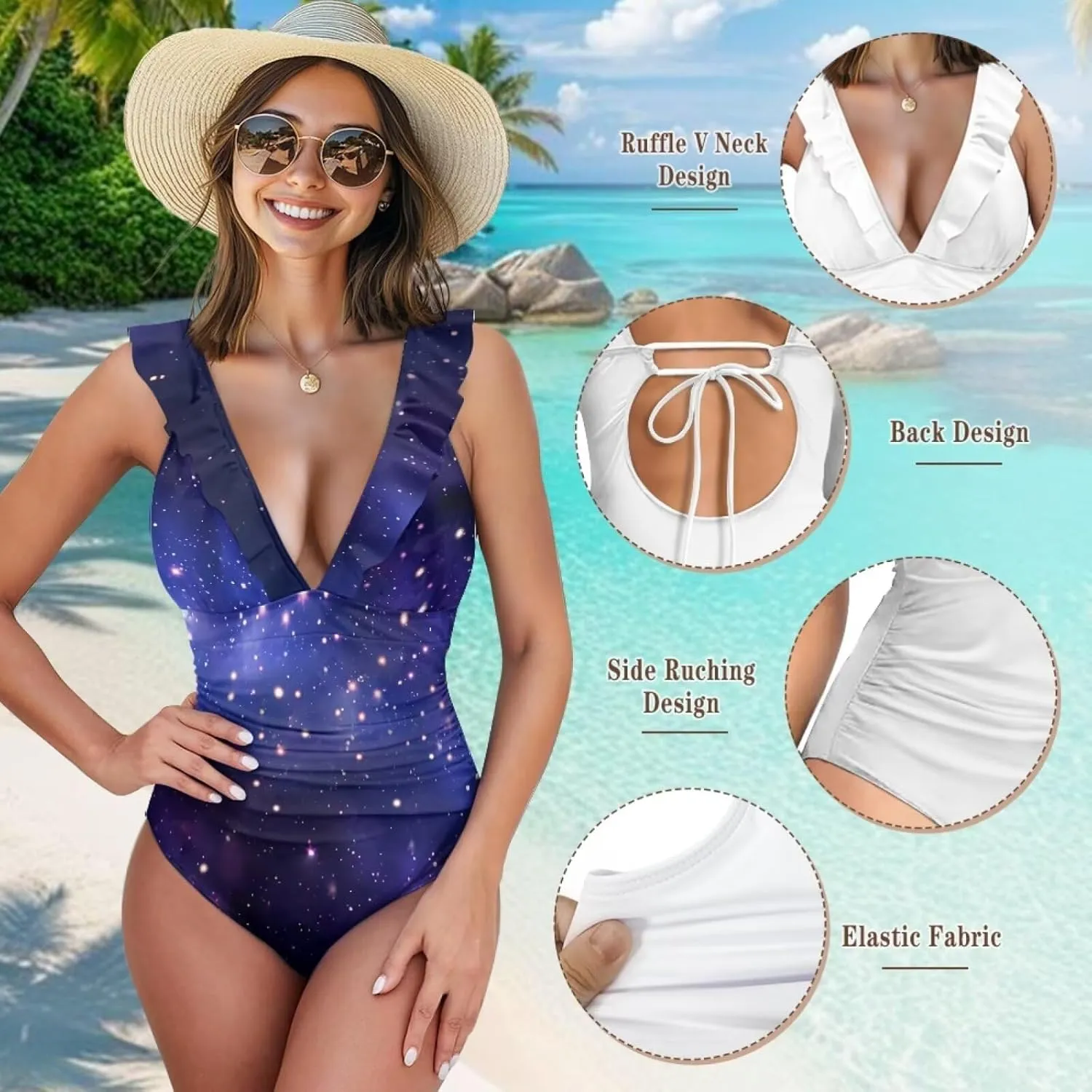 Howilath Starry Sky Print One Piece Swimwear Vintage Bathing Suits Tummy Control Ruched Ruffle Ladies Swimsuits