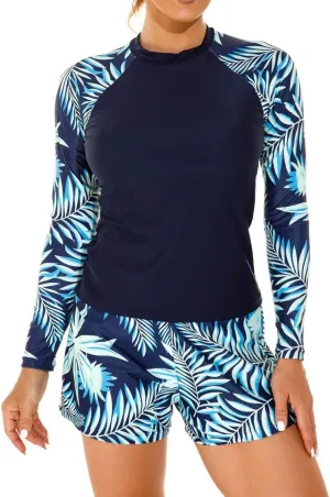 JadeRich Women Two Piece Rash Guard Long Sleeve Swimsuit UV UPF50  Swim Shirt Bathing Swimwear with Short Bottom