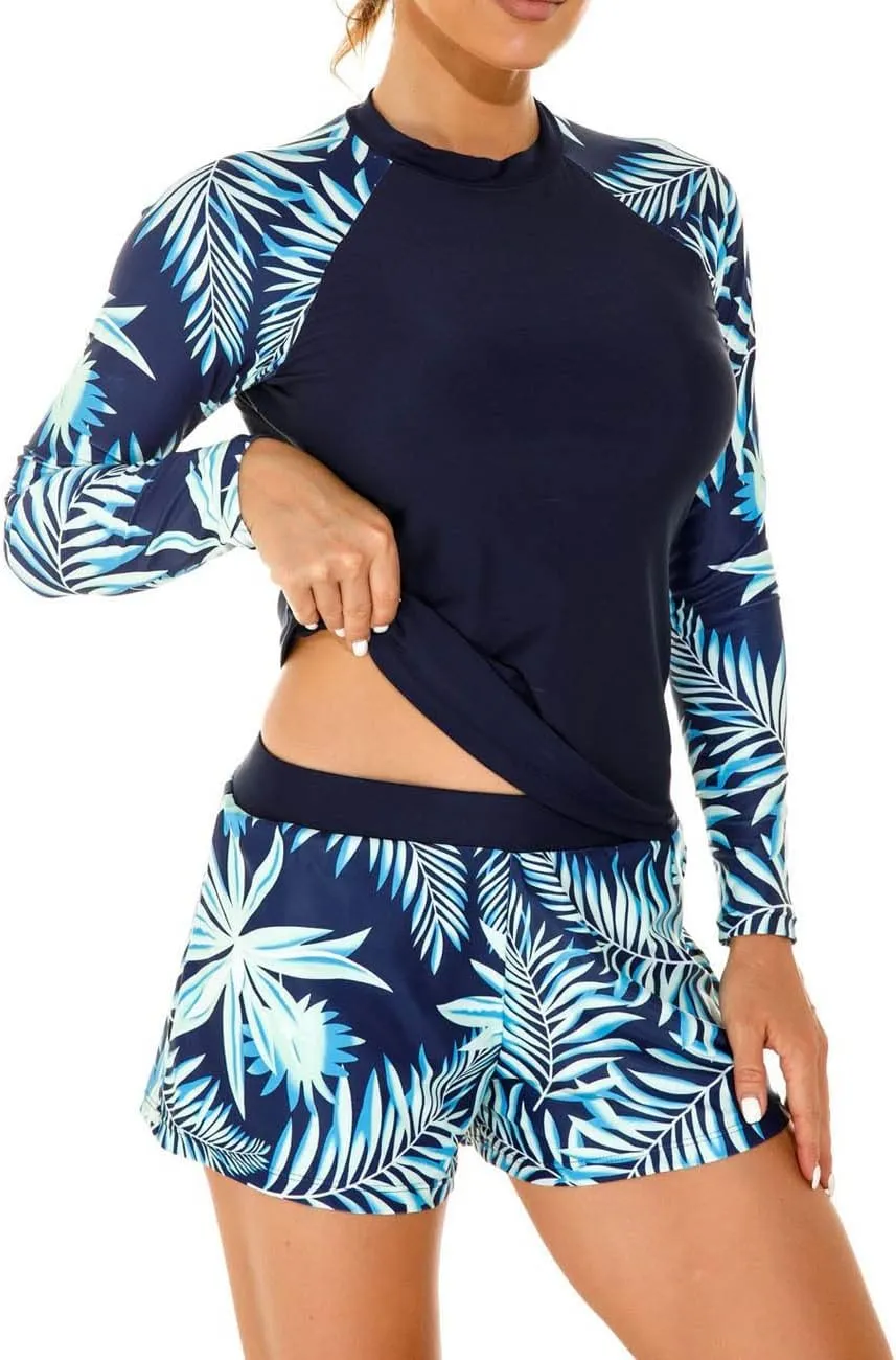 JadeRich Women Two Piece Rash Guard Long Sleeve Swimsuit UV UPF50  Swim Shirt Bathing Swimwear with Short Bottom