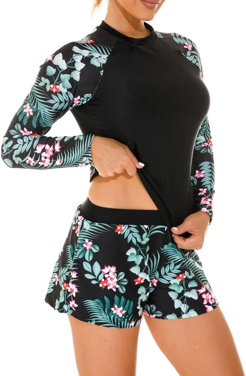 JadeRich Women Two Piece Rash Guard Long Sleeve Swimsuit UV UPF50  Swim Shirt Bathing Swimwear with Short Bottom