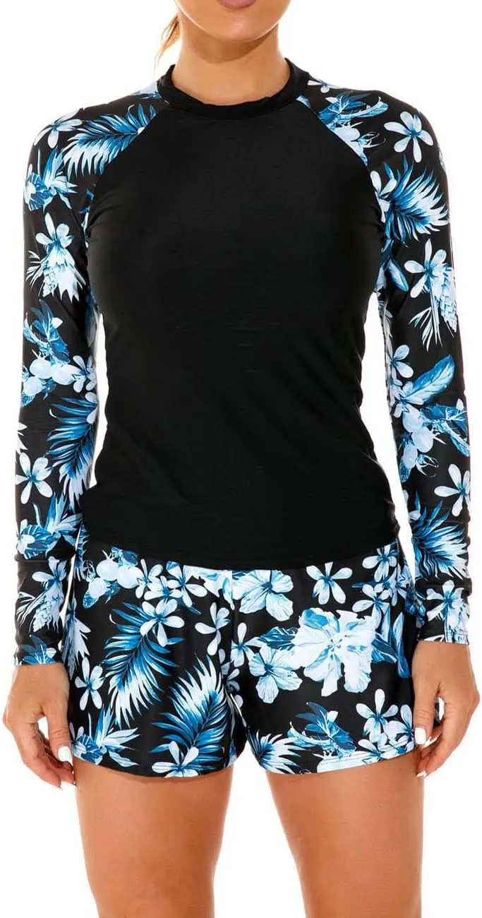 JadeRich Women Two Piece Rash Guard Long Sleeve Swimsuit UV UPF50  Swim Shirt Bathing Swimwear with Short Bottom