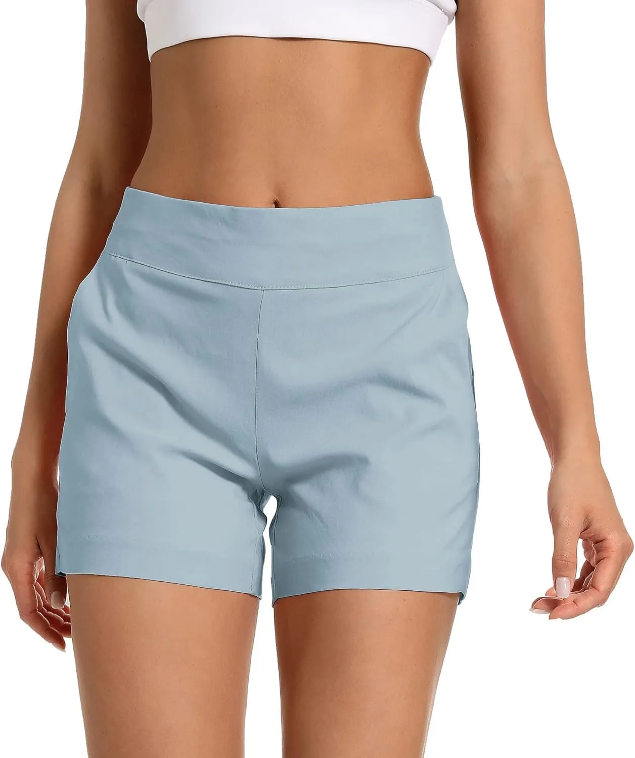 JAMfit Women's Chino Shorts - 4" Inseam, High Waisted, Elastic, Summer Casual Shorts with 2 Front Pockets
