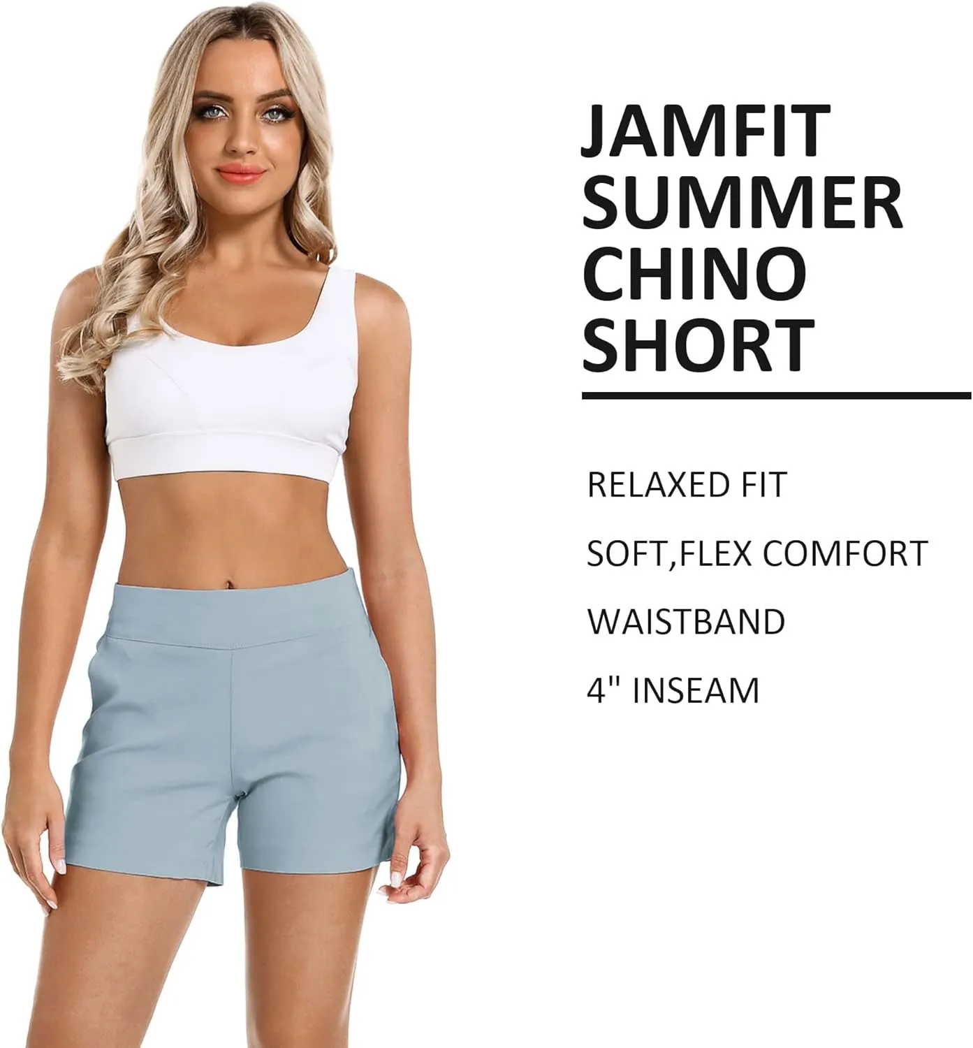 JAMfit Women's Chino Shorts - 4" Inseam, High Waisted, Elastic, Summer Casual Shorts with 2 Front Pockets