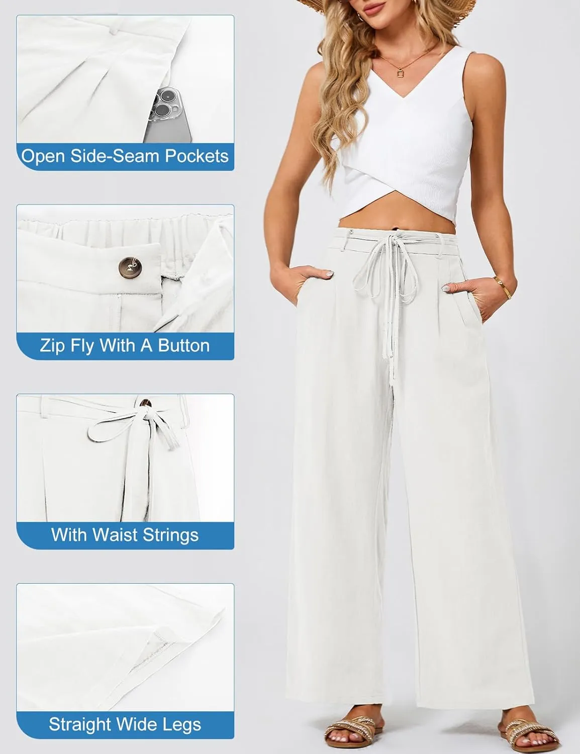 JASAMBAC Women's Linen Palazzo Lounge Pants High Waist Straight Wide Leg Summer Beach Causal Trousers with Double Belts