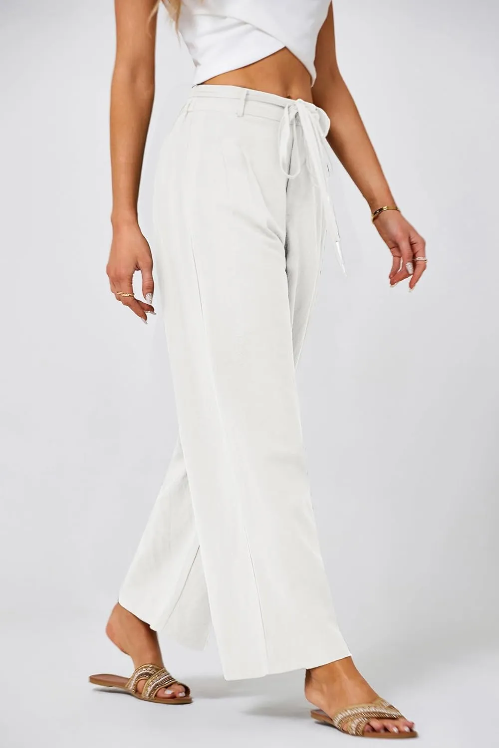 JASAMBAC Women's Linen Palazzo Lounge Pants High Waist Straight Wide Leg Summer Beach Causal Trousers with Double Belts