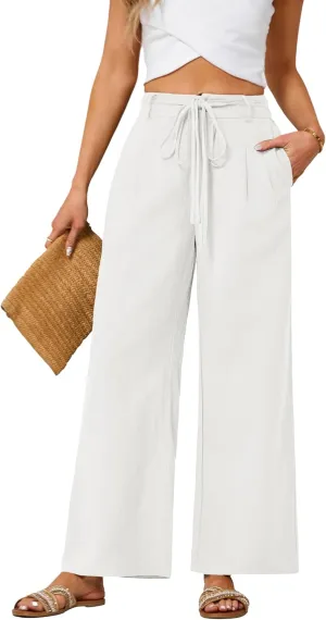 JASAMBAC Women's Linen Palazzo Lounge Pants High Waist Straight Wide Leg Summer Beach Causal Trousers with Double Belts