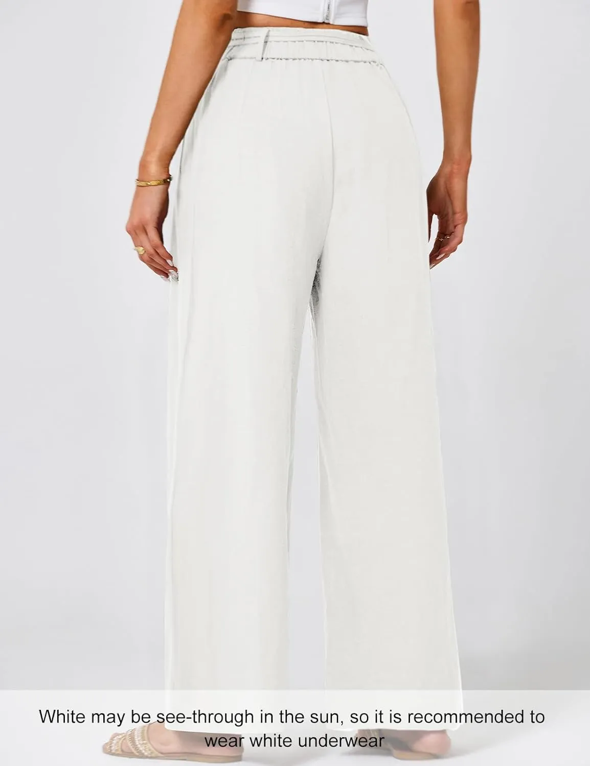 JASAMBAC Women's Linen Palazzo Lounge Pants High Waist Straight Wide Leg Summer Beach Causal Trousers with Double Belts