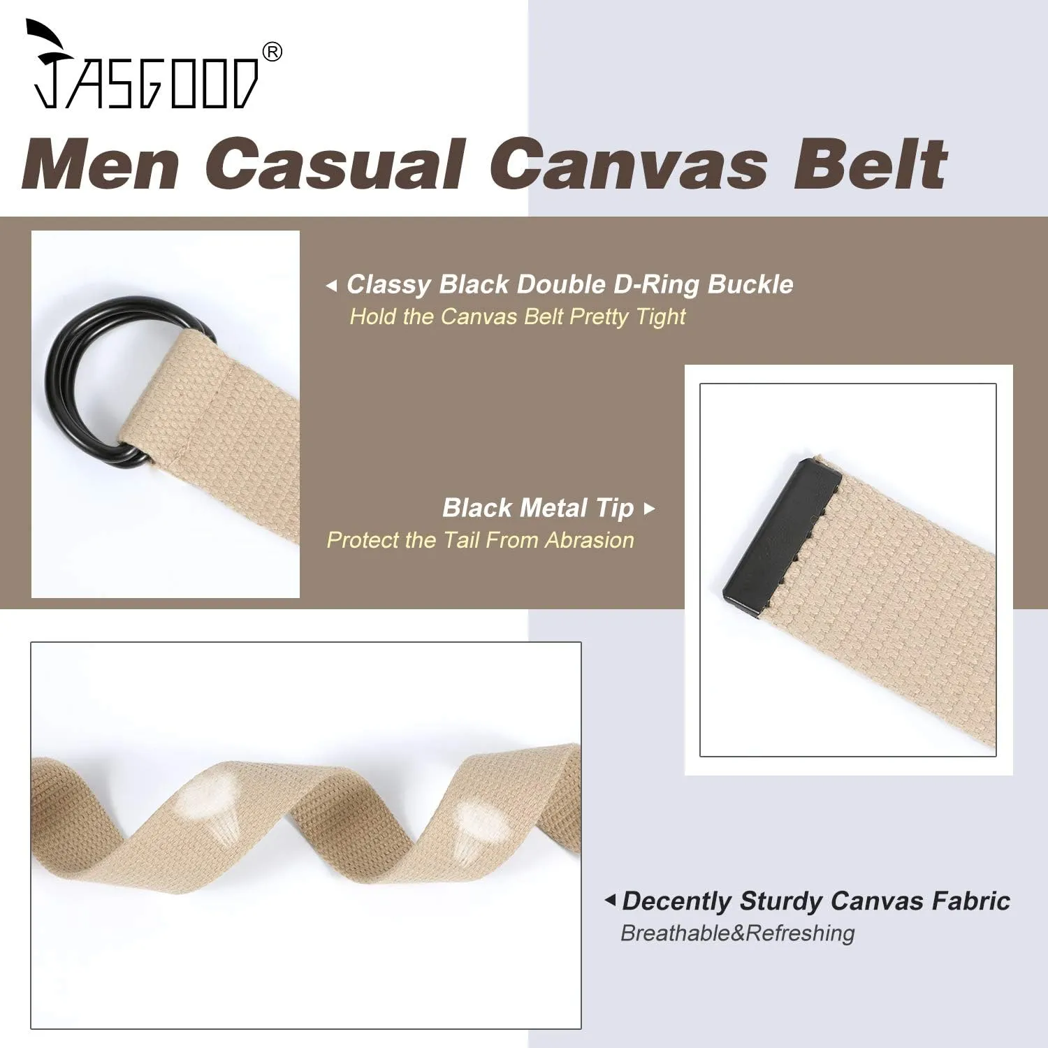 JASGOOD Men Canvas Belt Web Fabric Casual Belt with Black Double D-ring 1 1/2" Wide Set of 2