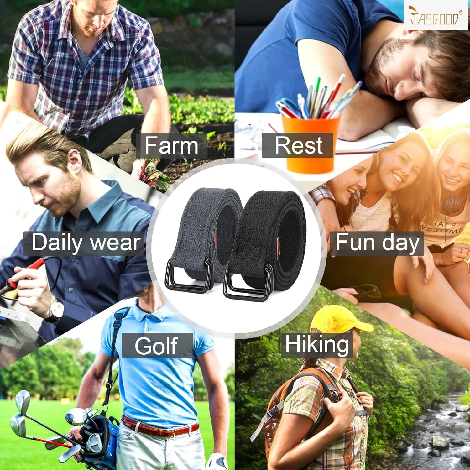 JASGOOD Men Canvas Belt Web Fabric Casual Belt with Black Double D-ring 1 1/2" Wide Set of 2