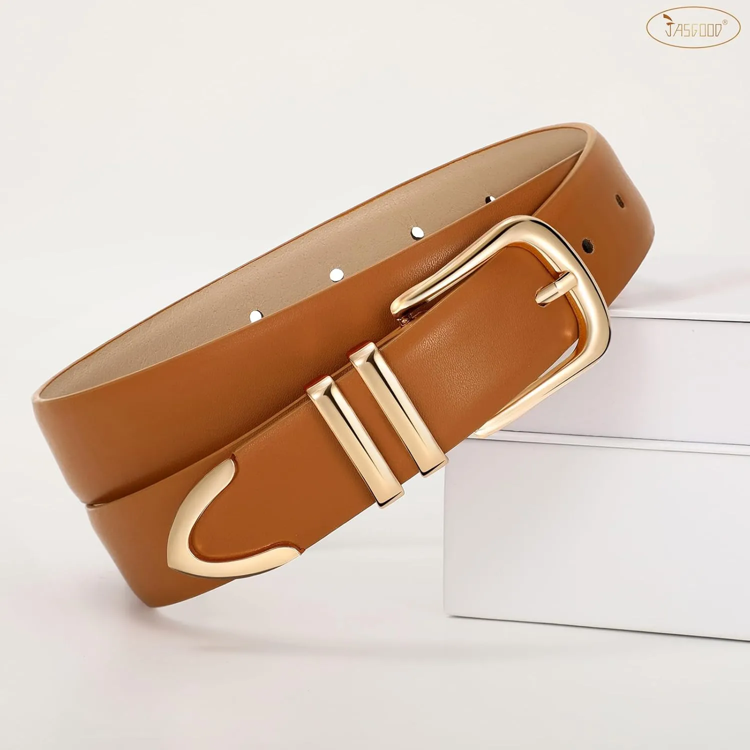 JASGOOD Women Leather Belt with Gold Buckle Ladies Fashion Faux Leather Waist Belt for Jeans Pants