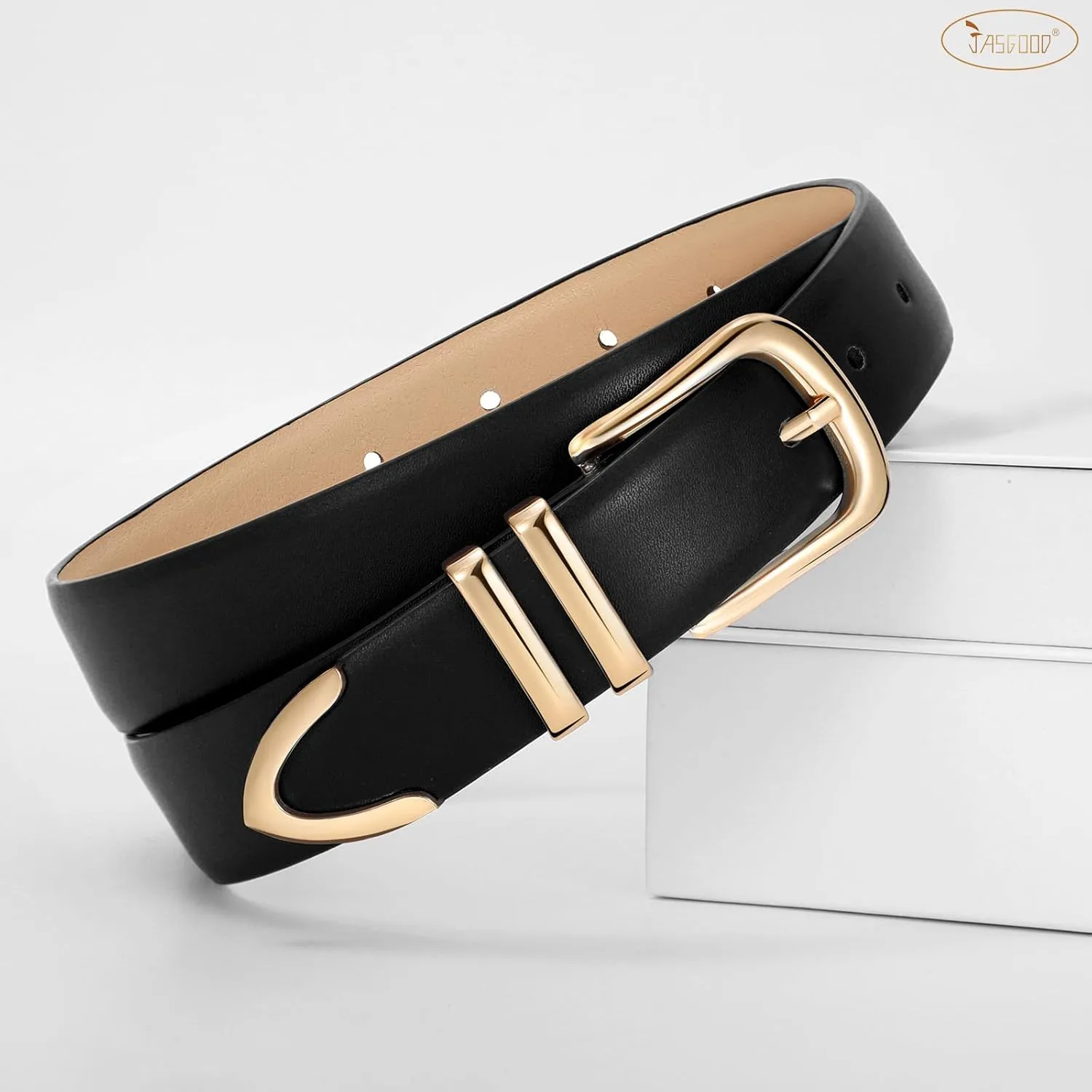 JASGOOD Women Leather Belt with Gold Buckle Ladies Fashion Faux Leather Waist Belt for Jeans Pants
