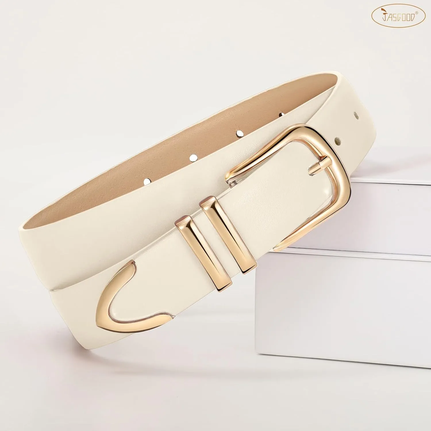 JASGOOD Women Leather Belt with Gold Buckle Ladies Fashion Faux Leather Waist Belt for Jeans Pants