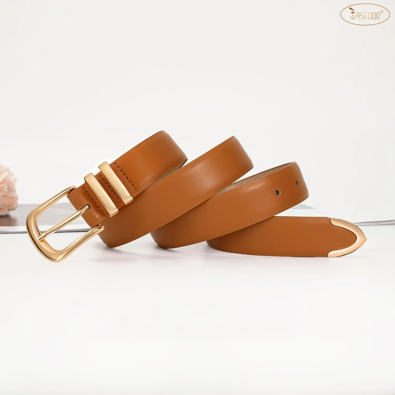 JASGOOD Women Leather Belt with Gold Buckle Ladies Fashion Faux Leather Waist Belt for Jeans Pants