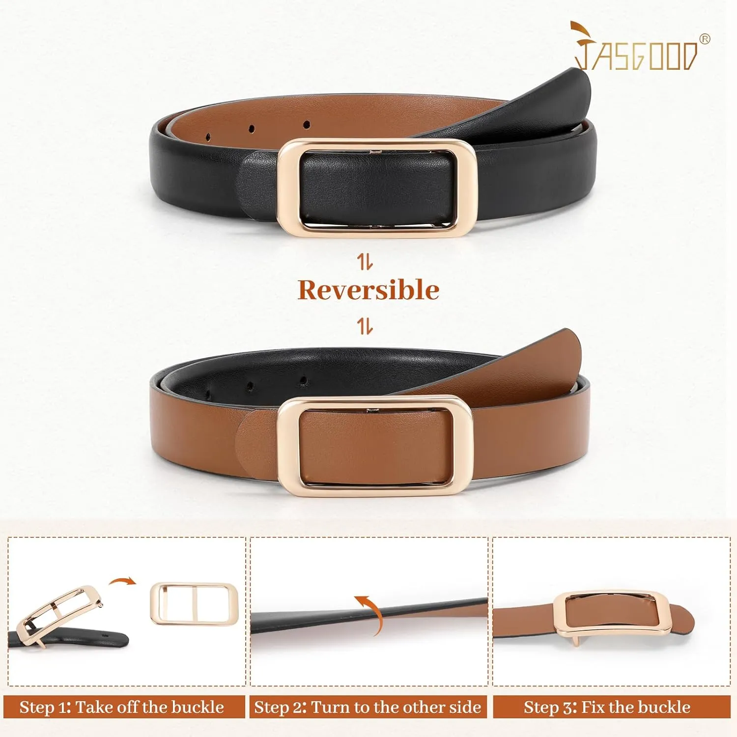 JASGOOD Women Reversible Leather Belt for Pants Jeans Ladies Waist Belt for Dresses