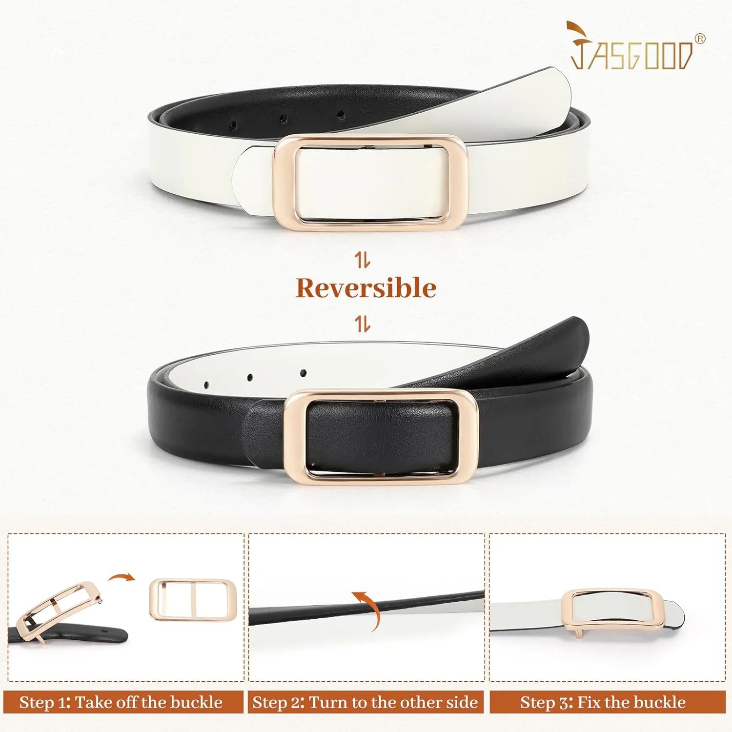 JASGOOD Women Reversible Leather Belt for Pants Jeans Ladies Waist Belt for Dresses