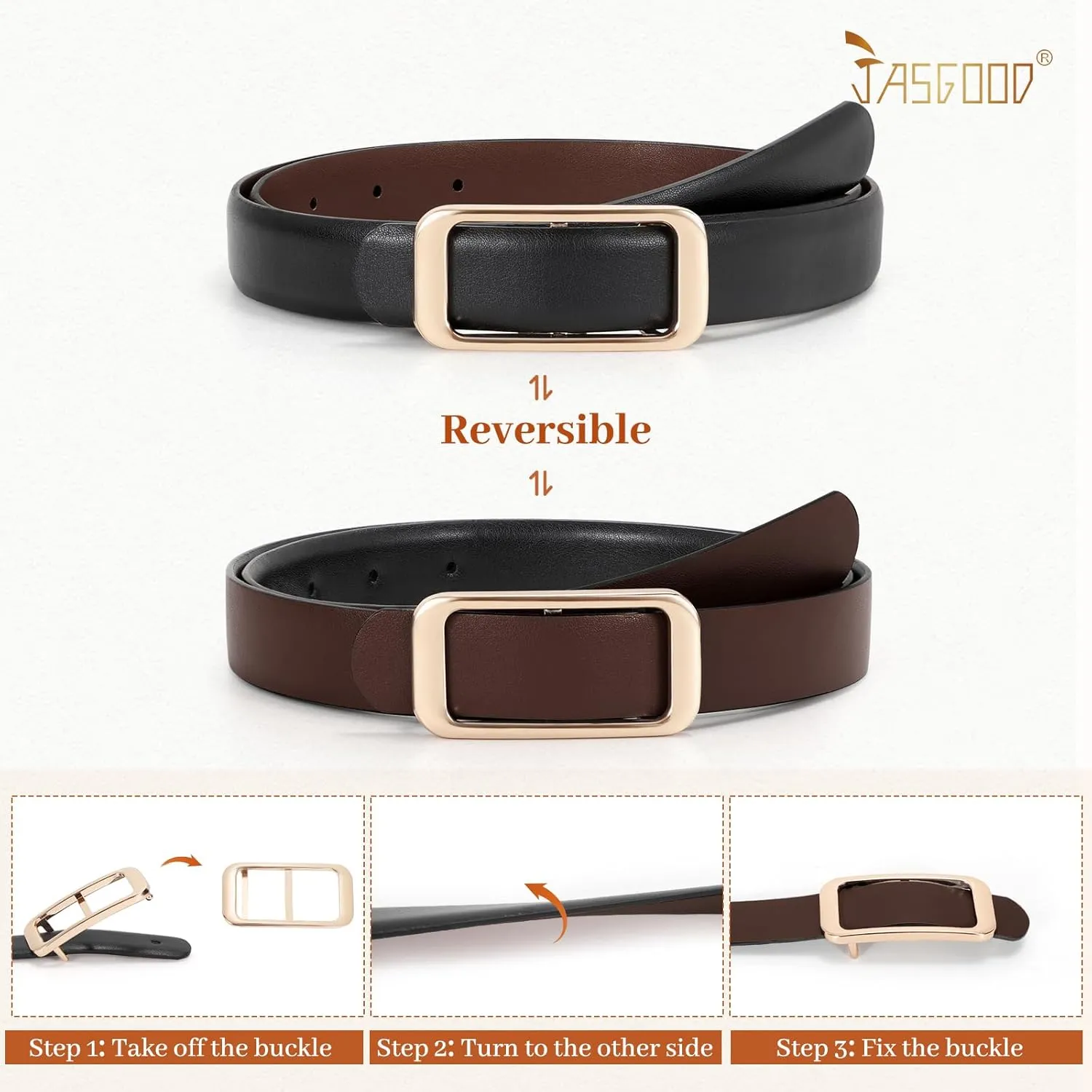 JASGOOD Women Reversible Leather Belt for Pants Jeans Ladies Waist Belt for Dresses